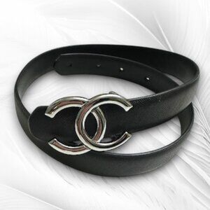 Chic Classic Black Leather Belt With Double C Buckle